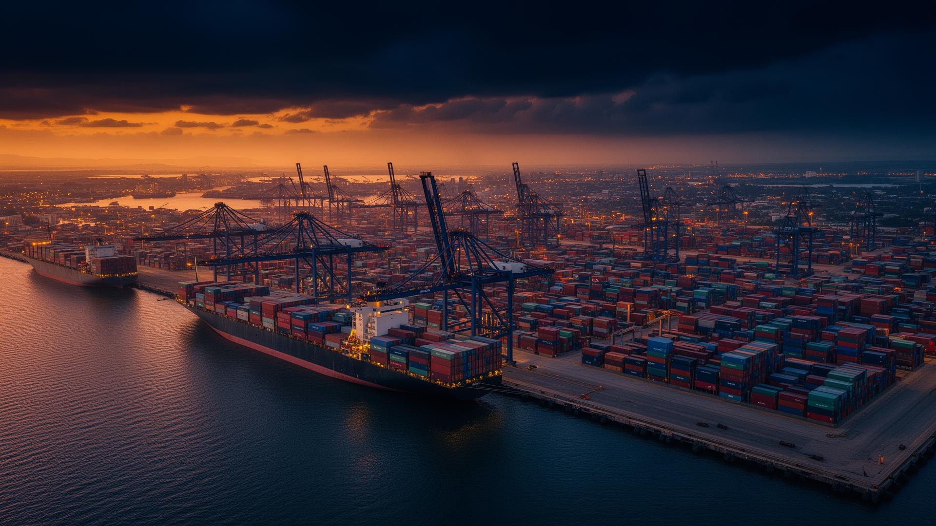 Container port at dusk